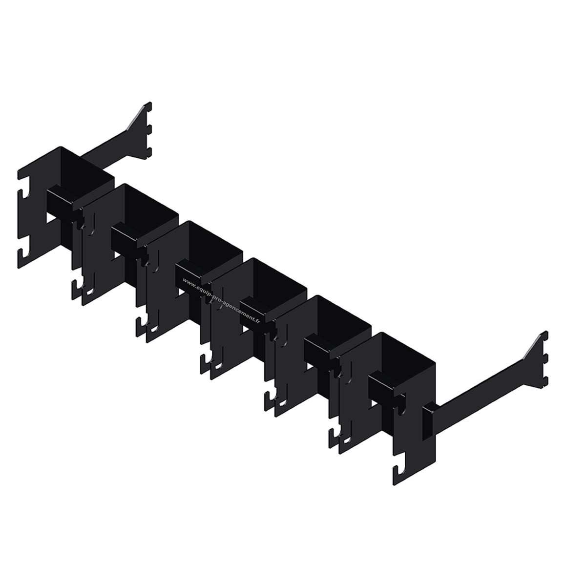 6 supports distributeurs à gravité GenBox sur barre de charge 50x25 et support métal individuel