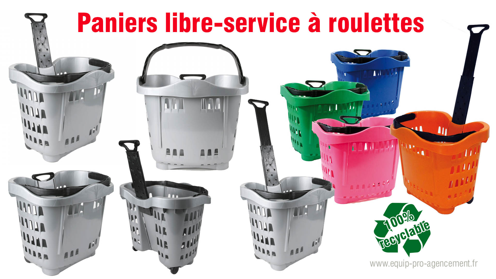 paniers libre service 43 litres à roulettes avec poignee telescopique ou trolley pour commerces