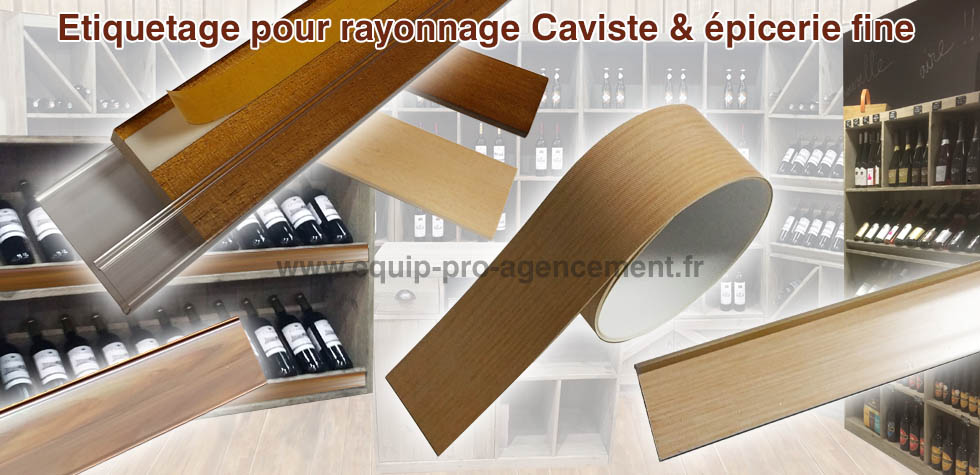 Réglette porte-étiquette profil porte-prix en bois pour tablette de magasin caviste ou epicerie fine